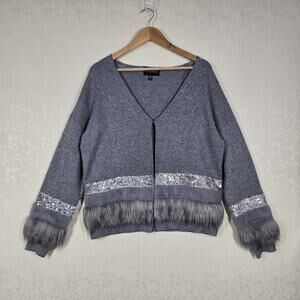 Frank Lyman Faux Fur Sequin Cardigan Jacket XL Gray Glam Statement Sweater